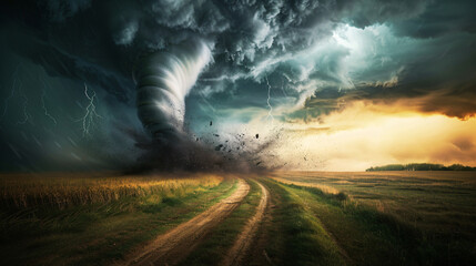 A powerful tornado spiraling across an open field. - obrazy, fototapety, plakaty