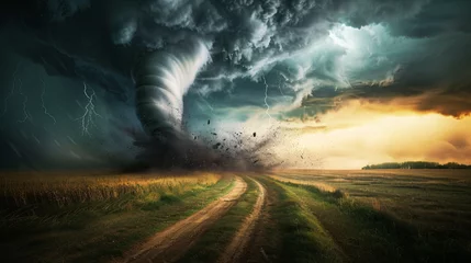 Fotobehang A powerful tornado spiraling across an open field. © Thomas
