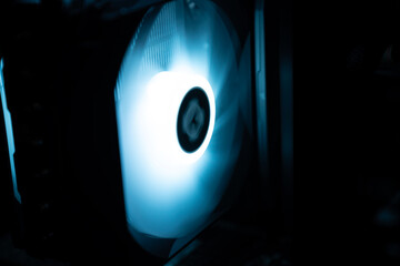 Detail of the interior of the PC gamer case. Motherboard, CPU tower cooling, memory, graphic card...