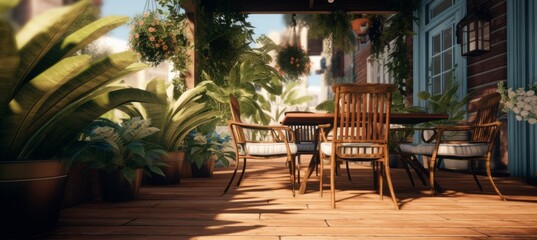 Fototapeta na wymiar an outside patio with chairs and potted plants