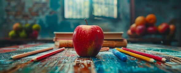 apple with pencils and books on a green background