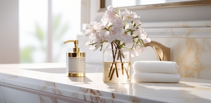 a white marble and gold bathroom with some flowers and potted plants