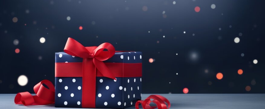 a present with a red ribbon on a blue background