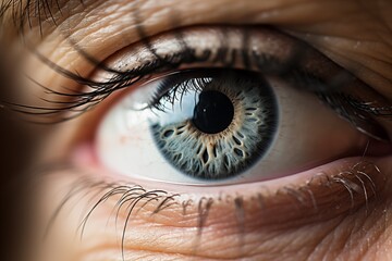 Macro photo of human female blue green grey eye, high detailed iris - obrazy, fototapety, plakaty