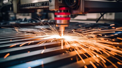 Cutting machine utilizing  metal plasma technology.  Metal cutting in carpentry metalwork industry . Laser CNC generate sparks. Machine tool in metal factory with drilling  machines