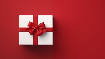 White square gift box. Present box tied with red ribbon, bow isolated on red background with copy space. Top view