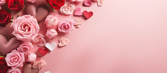 A cluster of vibrant pink blooming roses and red hearts arranged on a pink background with colorful hearts scattered around. The arrangement is captured from above, creating a visually striking - Powered by Adobe