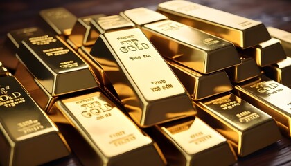 Golden ingots on dark background macro