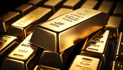 Golden ingots on dark background macro
