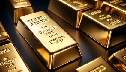 Golden ingots on dark background macro