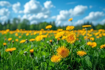 In nature, a meadow field with yellow dandelion flowers and a clouds-blurred sky fills the summer sky.