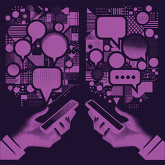 Obraz premium Trendy Halftone Collage with Hands holding two speech bubbles. Social media communication. Contemporary art. Empty space for quote, plan and idea. Creative abstract template. Vector illustration
