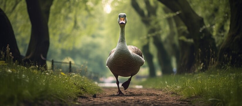 A large bird, possibly a goose, is walking down a dirt road in a deserted public park, with no humans in sight. The bird appears to be moving leisurely as it navigates the empty path.