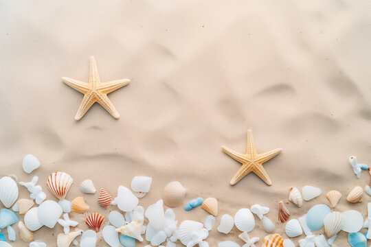 Beach background, sand, starfish, seashells on hot summer day. Beach backdrop for design.