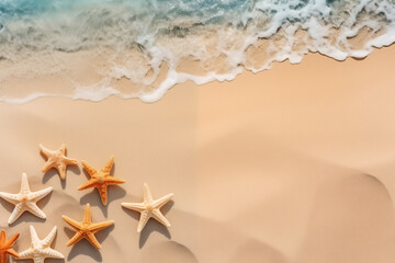 Fototapeta na wymiar Beach background, sand, starfish, seashells on hot summer day. Beach backdrop for design.