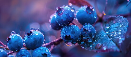 A detailed close-up of a blueberry plant with clear water droplets resting on its leaves and berries. The water droplets glisten in the light, enhancing the beauty of the plant.