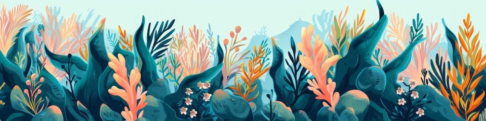 Fototapeta na wymiar seaweed illustration horizontal wide background.