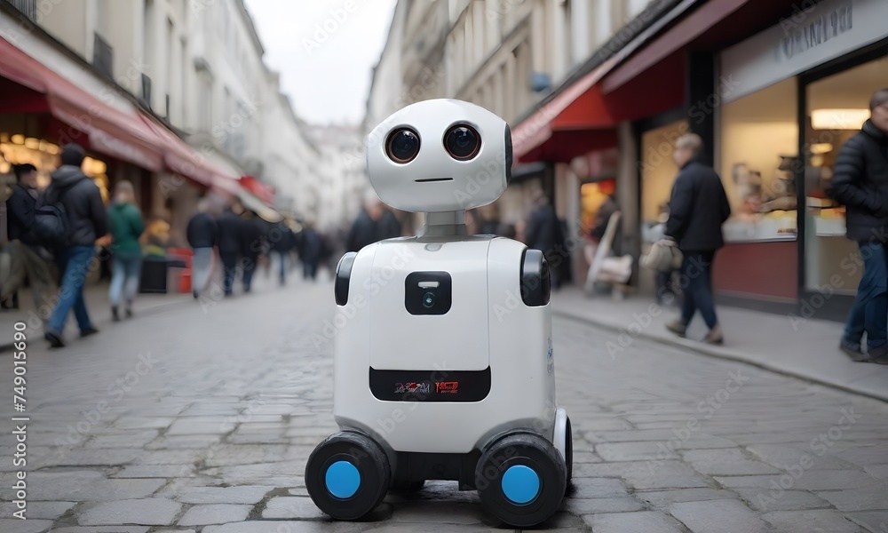 Poster an autonomous delivery robot holds a package, ready to navigate through the city for a seamless deli