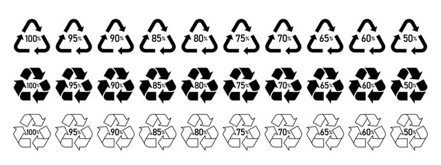 recycling symbol with percentage, set of design element, black vector icon set, recycled material