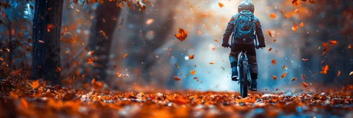 Foto op Plexiglas Happy humanoid robot rides a bicycle along the autumn alley, A hooded figure walking in the street on a foggy afternoon  © Baloch