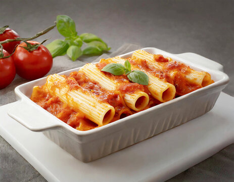 Baked ziti pasta cheesy with tomato sauce.