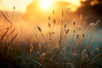 cotton grass at sunrise or sunset in the backlight