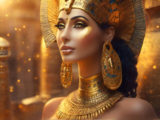 egyption Priestess-goddess portrait in presious headdress and necklace  posing against golden Temple at sunset. close up - 749015894