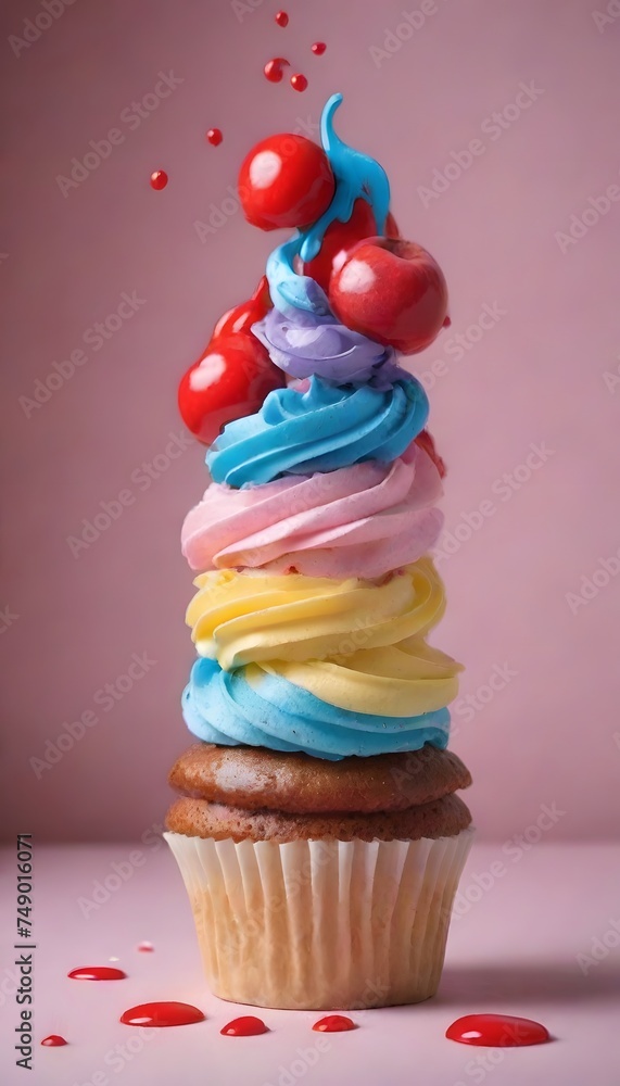 Poster a dynamic splash of blue and pink icing adds a playful touch to the chocolate cupcake, creating a fe