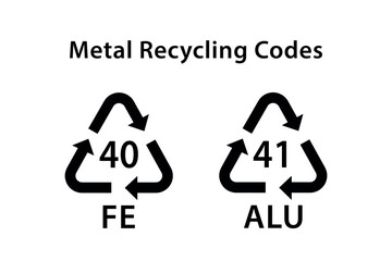 metal recycling codes, FE 40, ALU 41, ecology recycling sign, identification code, package waste black fill icon
