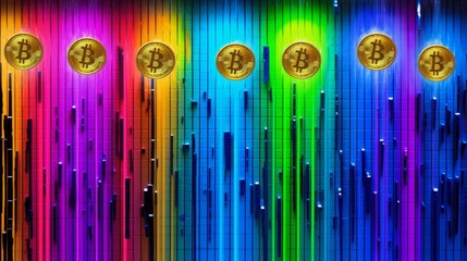 Art style golden bitcoin coins, neon rainbow background, crypto trading concept, banner, copy space