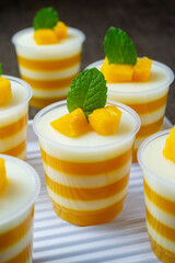 pudding mangga or mango layer pudding. topped with mango pieces and mint leaves. Very fresh and...
