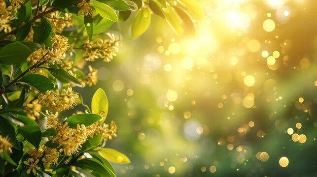 spring advertisment natural nackground with clower leaves, gold coins, bokeh lights and copy space