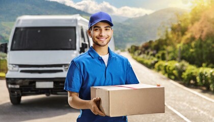 Um entregador sorridente segurando uma encomenda ao lado de sua van
