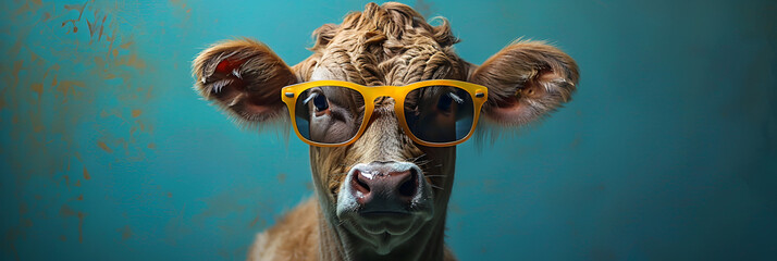 Funny cow with sunglasses in front of blue studio background,
Portrait cow head sunglasses face space eyeglass background copy animal funny blue - obrazy, fototapety, plakaty