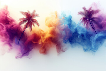 Creative travel banner. Illustration of two palms and mixture of colorful smoke on white background