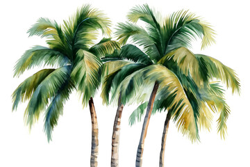 Watercolor illustration of beautiful palm trees isolated on clear white background