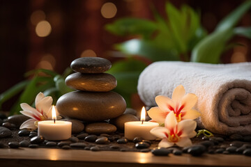 Black hot stone for massage, lit candles, flowers and grey towel on wooden background, accessories for spa therapy and treatment, relax and self care concept