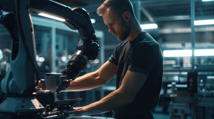 Selective focus at male engineer in casual work attire fine-tunes the components of a sophisticated robotic arm in a high-tech manufacturing environment. - obrazy, fototapety, plakaty