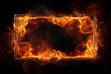 Rectangular frame engulfed by bright flames, black background with geometric shape and dynamic movement of fire on burning object, empty backdrop with copy space