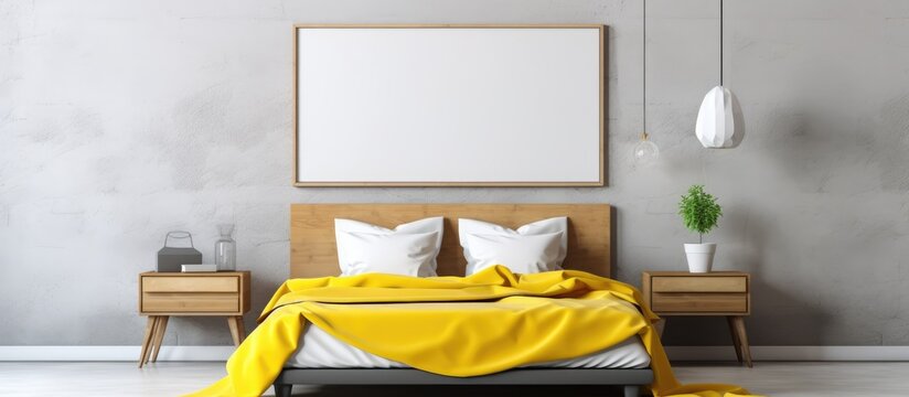 A front view of a wooden bed in a loft bedroom, adorned with a yellow blanket and pillows. A blank white poster with a picture frame hangs on the concrete wall behind the bed.