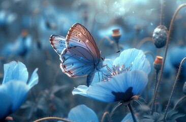 wallpaper blue butterfly flying through green grass with blue poppies