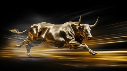 Galloping golden bull on dark background with crypto bull run sign, digital currency market concept, banner
