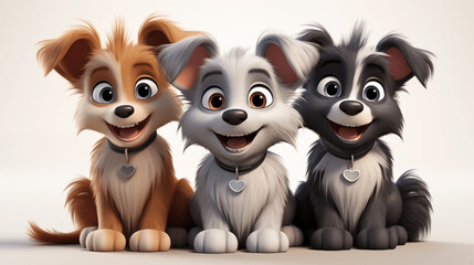 Obraz premium 3d cartoon three dogs with smiling face isolated in white background