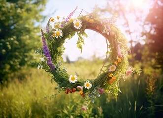 Rustic wildflowers wreath on a sunny meadow. Summer Solstice Day, Midsummer concept. Generative AI - obrazy, fototapety, plakaty