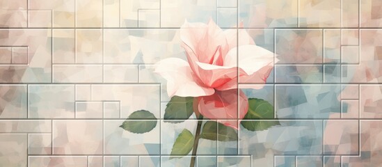 This painting features a detailed pink rose depicted on a tiled wall. The vibrant colors and intricate details of the rose stand out against the clean lines of the tiles.