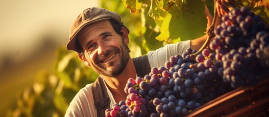 A handsome man, a farmer, is standing in a vineyard, harvesting ripe grapes during the wine harvest season. He is holding a bunch of grapes in his hands, surrounded by grapevines. - obrazy, fototapety, plakaty
