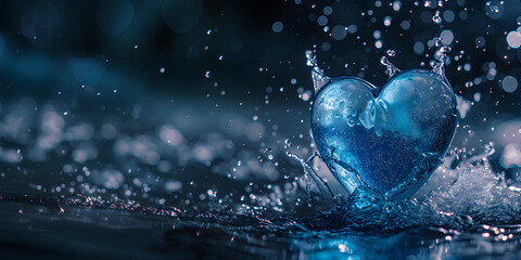 Water in shape of heart with splash on dark ripple background. World Water Day, Mother Earth day. Save water concept. Environmental problems and protection. Caring for nature and ecology
