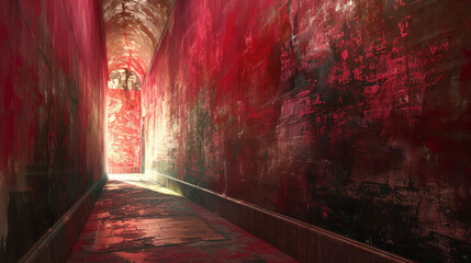 Vibrant Corridor of Colors, red walls