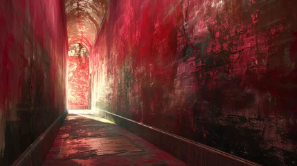 Selbstklebende Fototapete Enge Gasse Vibrant Corridor of Colors, red walls