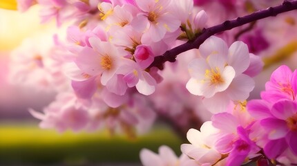 Elegant pink flowers on a sunlit tree, adding charm to the spring backdrop.